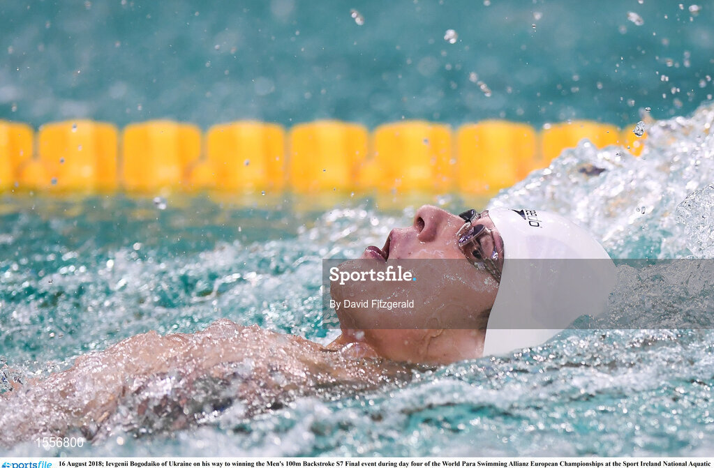 16 August 2018; Ievgenii Bogodaiko of Ukraine on his way to winning the Men's 100m Backstroke S7 Final event during day four of the World Para Swimming Allianz European Championships at the Sport Ireland National Aquatic Centre in Blanchardstown, Dublin. Photo by David Fitzgerald/Sportsfile