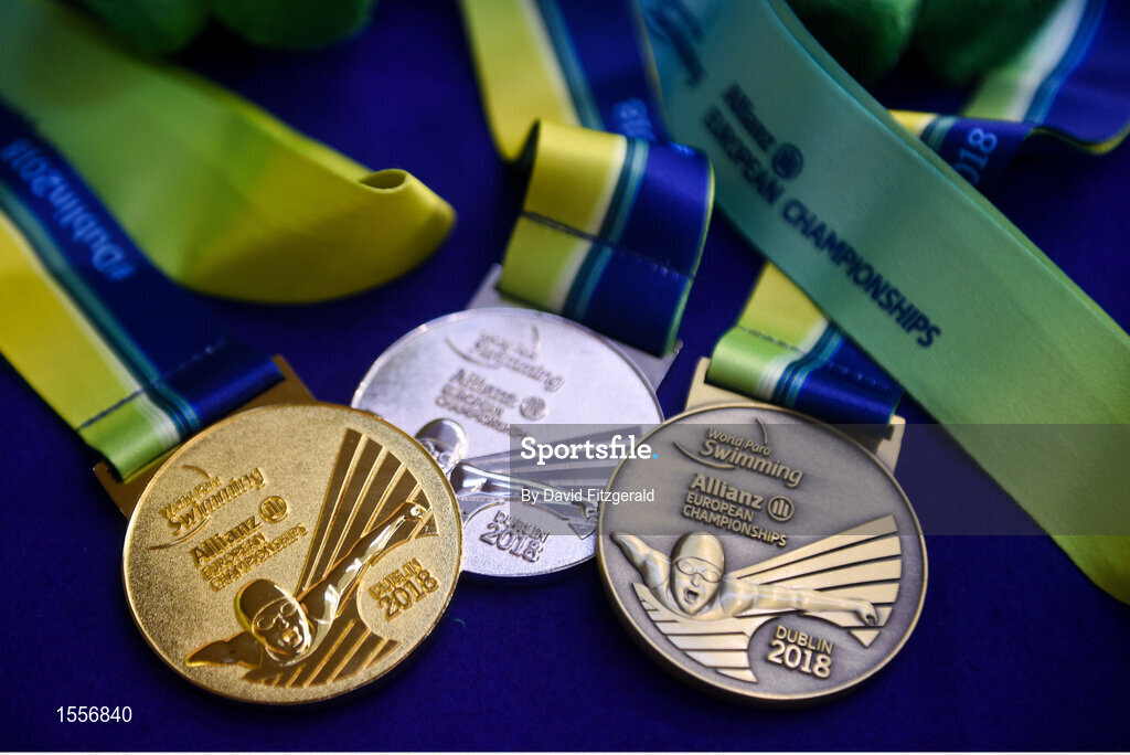 16 August 2018; A general view of the medals during day four of the World Para Swimming Allianz European Championships at the Sport Ireland National Aquatic Centre in Blanchardstown, Dublin. Photo by David Fitzgerald/Sportsfile