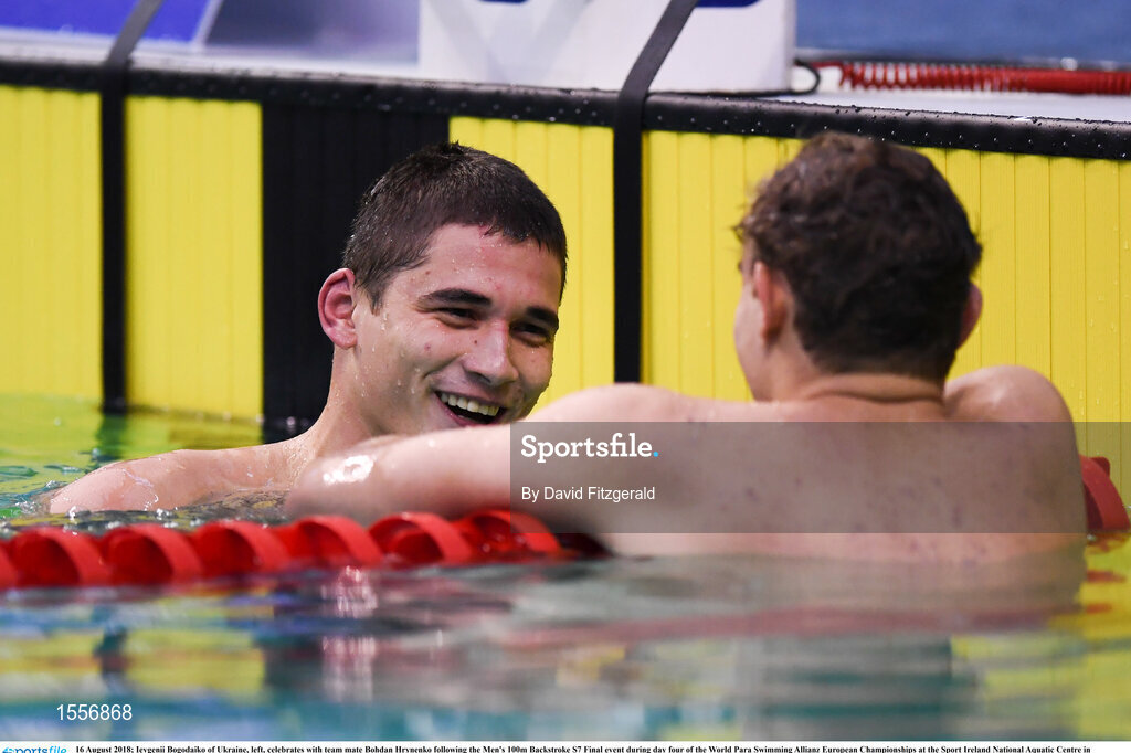 16 August 2018; Ievgenii Bogodaiko of Ukraine, left, celebrates with team mate Bohdan Hrynenko following the Men's 100m Backstroke S7 Final event during day four of the World Para Swimming Allianz European Championships at the Sport Ireland National Aquatic Centre in Blanchardstown, Dublin. Photo by David Fitzgerald/Sportsfile