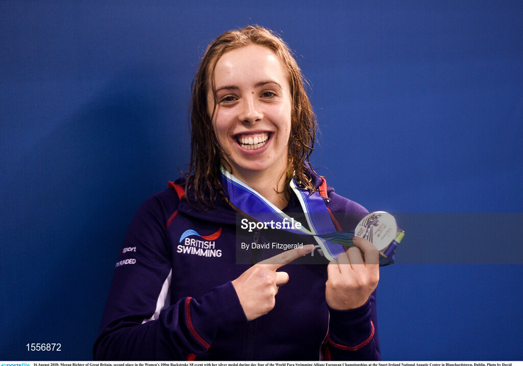 16 August 2018; Megan Richter of Great Britain, second place in the Women's 100m Backstroke S8 event with her silver medal during day four of the World Para Swimming Allianz European Championships at the Sport Ireland National Aquatic Centre in Blanchardstown, Dublin. Photo by David Fitzgerald/Sportsfile