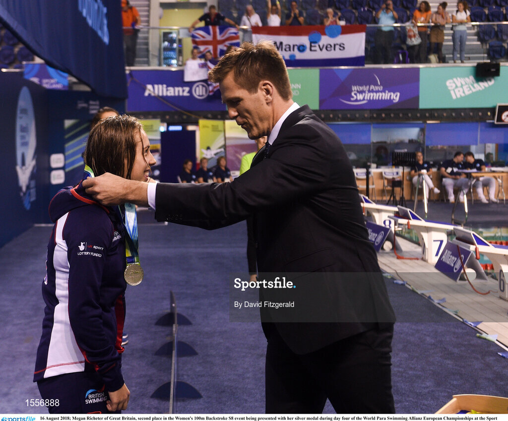 16 August 2018; Megan Richeter of Great Britain, second place in the Women's 100m Backstroke S8 event being presented with her silver medal during day four of the World Para Swimming Allianz European Championships at the Sport Ireland National Aquatic Centre in Blanchardstown, Dublin. Photo by David Fitzgerald/Sportsfile