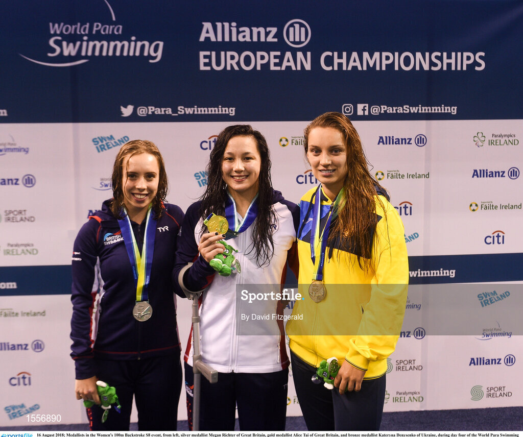 16 August 2018; Medallists in the Women's 100m Backstroke S8 event, from left, silver medallist Megan Richter of Great Britain, gold medallist Alice Tai of Great Britain, and bronze medallist Kateryna Denysenko of Ukraine, during day four of the World Para Swimming Allianz European Championships at the Sport Ireland National Aquatic Centre in Blanchardstown, Dublin. Photo by David Fitzgerald/Sportsfile