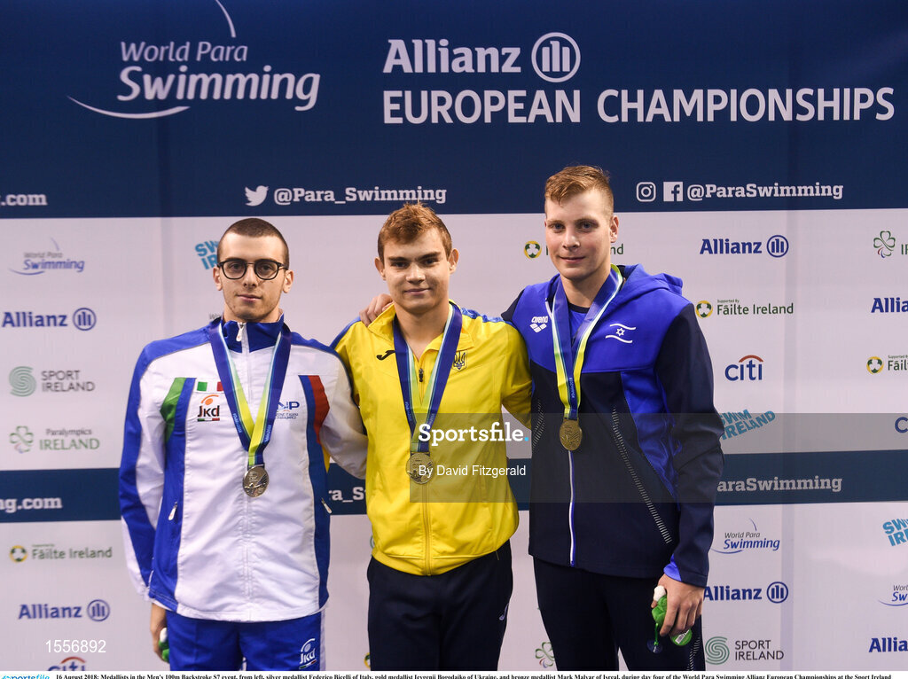 16 August 2018; Medallists in the Men's 100m Backstroke S7 event, from left, silver medallist Federico Bicelli of Italy, gold medallist Ievgenii Bogodaiko of Ukraine, and bronze medallist Mark Malyar of Isreal, during day four of the World Para Swimming Allianz European Championships at the Sport Ireland National Aquatic Centre in Blanchardstown, Dublin. Photo by David Fitzgerald/Sportsfile