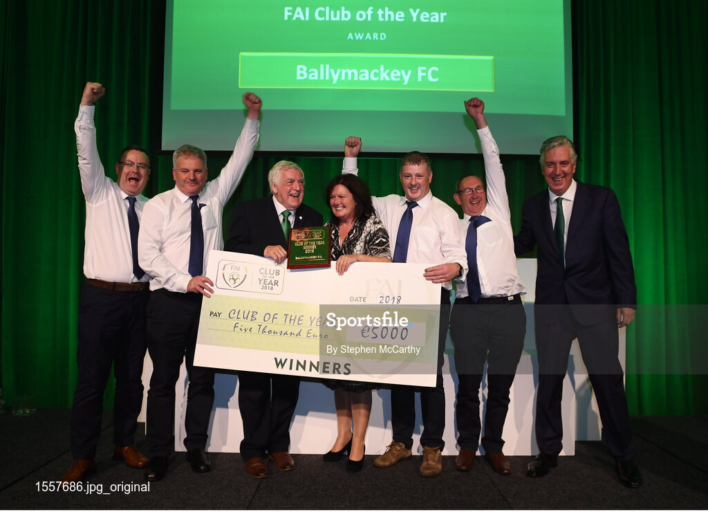 17 August 2018; Members of the Ballymackey Football Club, Tipperary, from left,  Ciaran Tinkler, George and Jennifer Haverty, John Delaney and Eddie Ryan are presented with the 2018 Club of the Year award by FAI President Tony Fitzgerald and John Delaney, CEO, Football Association of Ireland, right, at the FAI Delegates Dinner & FAI Communications Awards at the Rochestown Park Hotel in Cork. Photo by Stephen McCarthy/Sportsfile