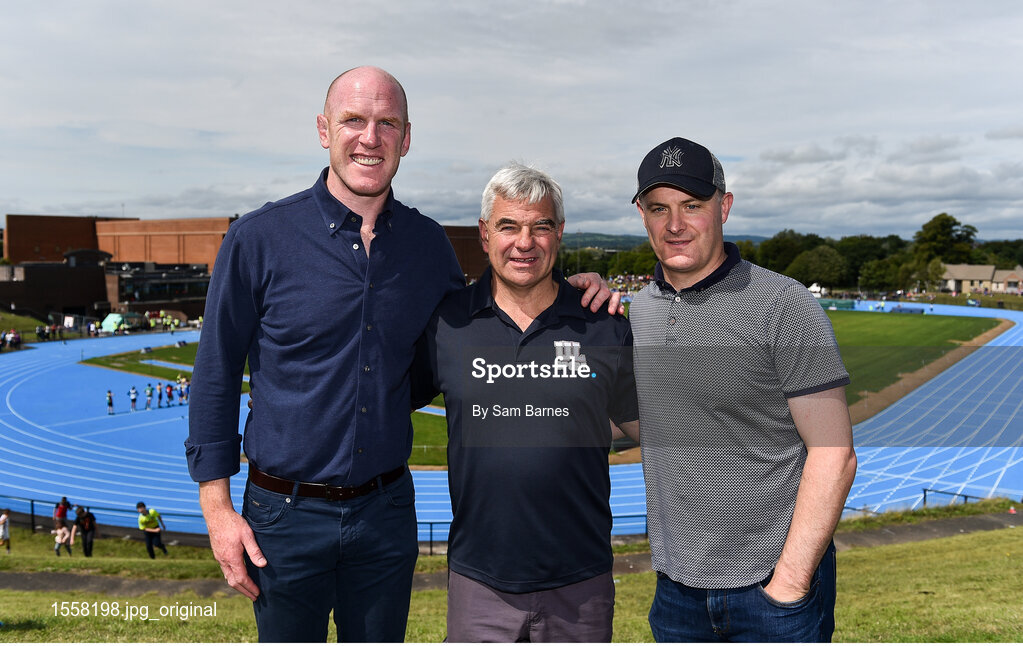 18 August 2018; In attendance during day one of the Aldi Community Games August Festival are, from left, Aldi Ambassador Paul O'Connell, left, University of Limerick Director of Sport Dave Mahedy, and Galway Hurling managerMicheál Donoghue at the University of Limerick in Limerick. Photo by Sam Barnes/Sportsfile