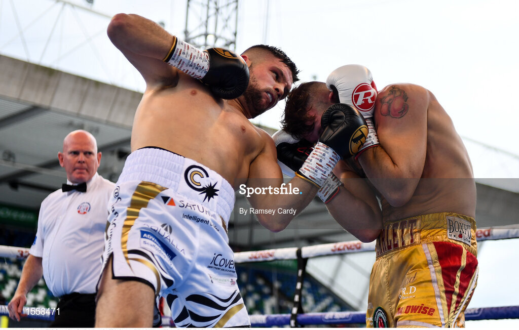 18 August 2018; Conrad Cummings in action against Nicky Jenman middleweight bout at Windsor Park in Belfast. Photo by Ramsey Cardy/Sportsfile