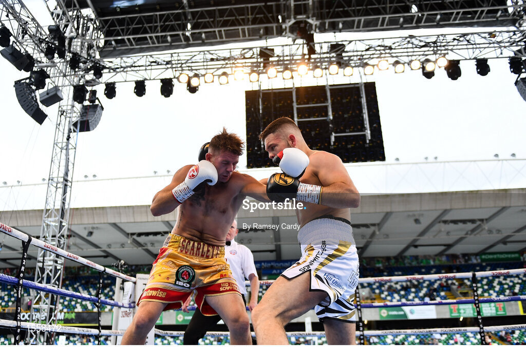 18 August 2018; Conrad Cummings in action against Nicky Jenman middleweight bout at Windsor Park in Belfast. Photo by Ramsey Cardy/Sportsfile