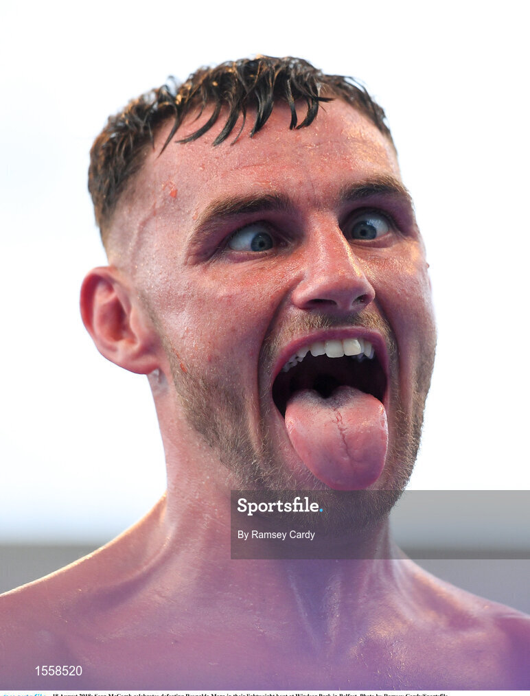 18 August 2018; Sean McComb celebrates defeating Reynaldo Mora in their lightweight bout at Windsor Park in Belfast. Photo by Ramsey Cardy/Sportsfile