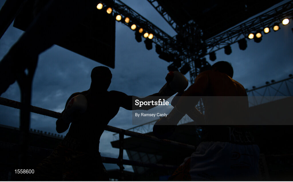 18 August 2018; Luke Keeler in action against Dwain Grant during their middleweight bout at Windsor Park in Belfast. Photo by Ramsey Cardy/Sportsfile