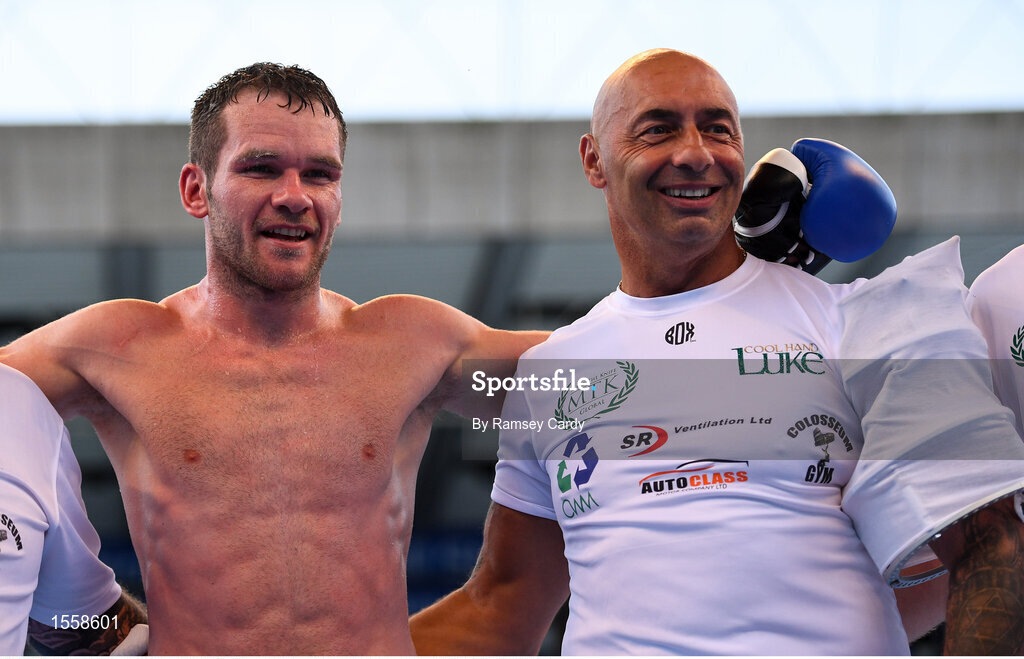 18 August 2018; Luke Keeler, left, with trainer Pete Taylor following his victory over Dwain Grant in their middleweight bout at Windsor Park in Belfast. Photo by Ramsey Cardy/Sportsfile