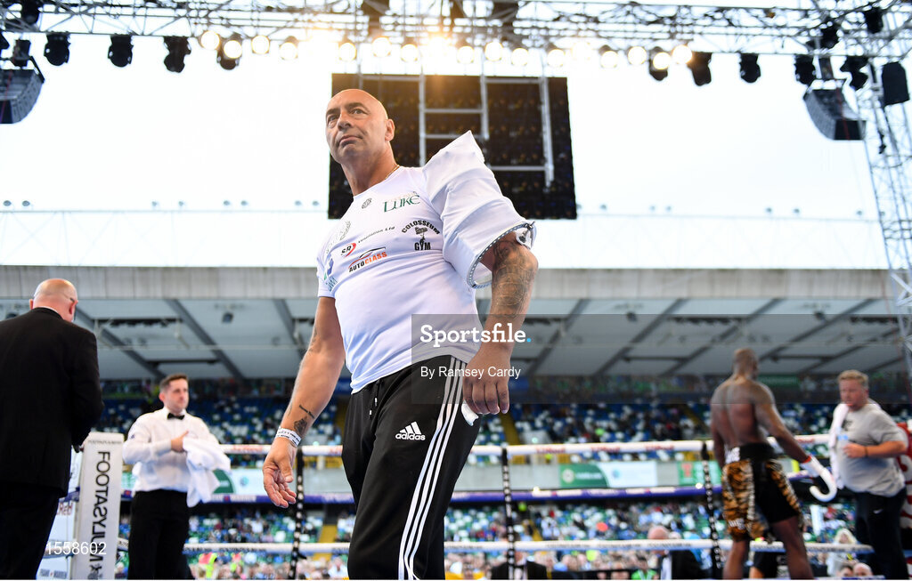 18 August 2018; Trainer Pete Taylor following Luke Keeler's victory over Dwain Grant in their middleweight bout at Windsor Park in Belfast. Photo by Ramsey Cardy/Sportsfile