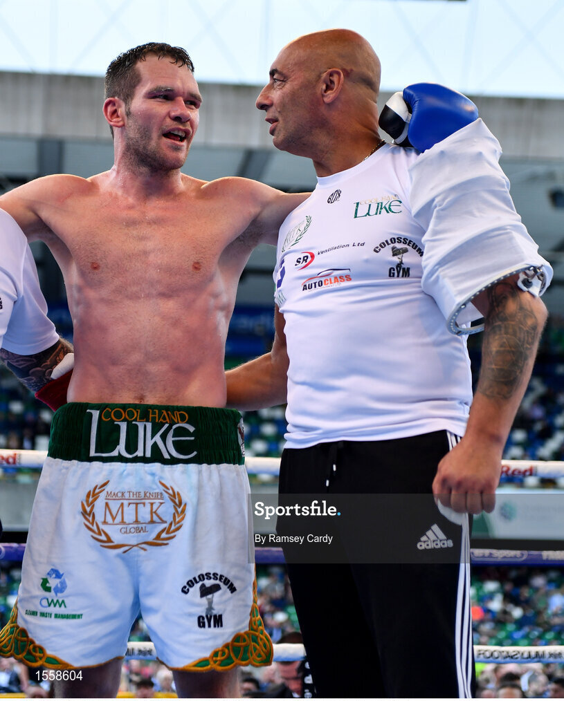 18 August 2018; Luke Keeler, left, with trainer Pete Taylor following his victory over Dwain Grant in their middleweight bout at Windsor Park in Belfast. Photo by Ramsey Cardy/Sportsfile