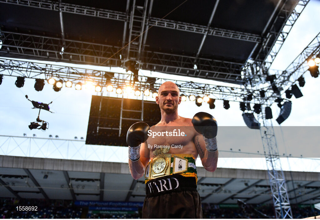 18 August 2018; Steven Ward after defeating Steve Collins Jr during their cruiserweight bout at Windsor Park in Belfast. Photo by Ramsey Cardy/Sportsfile