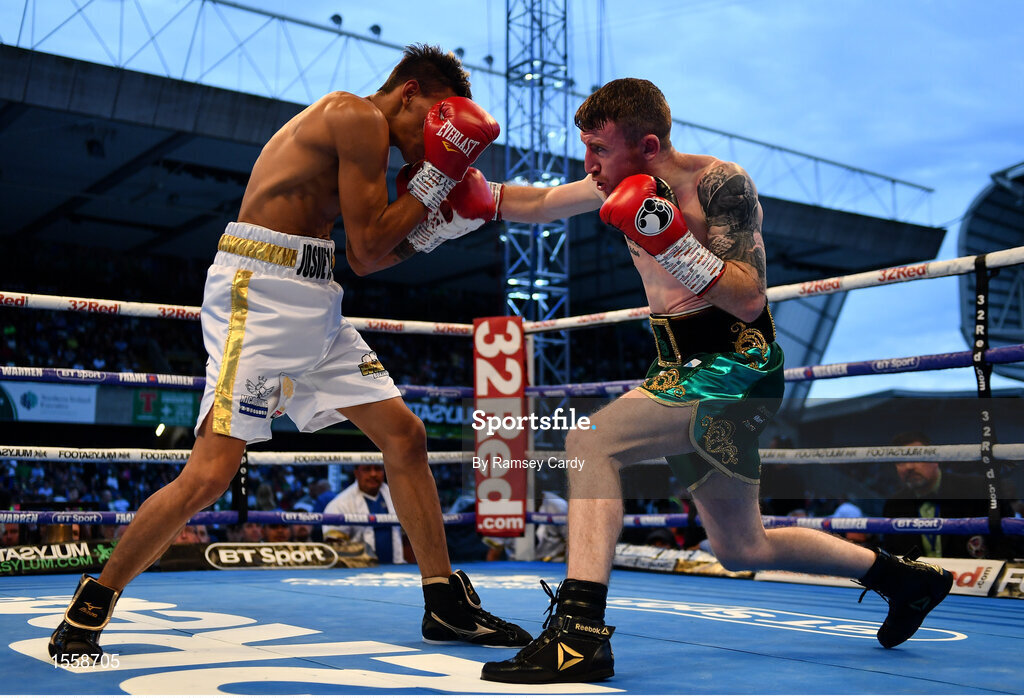 18 August 2018; Cristofer Rosales, left, in action against Paddy Barnes during their WBO World Flyweight Title bout at Windsor Park in Belfast. Photo by Ramsey Cardy/Sportsfile