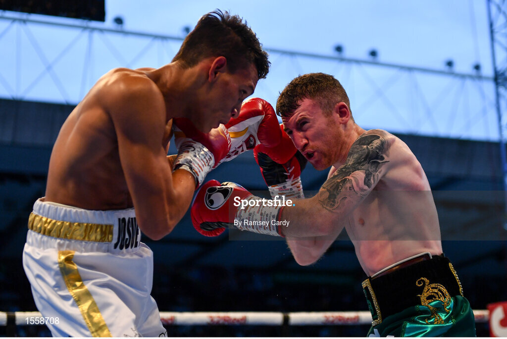 18 August 2018; Paddy Barnes, right, in action against Cristofer Rosales during their WBO World Flyweight Title bout  during their WBO World Flyweight Title bout at Windsor Park in Belfast. Photo by Ramsey Cardy/Sportsfile