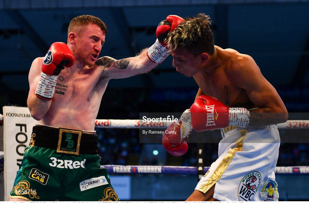 18 August 2018; Paddy Barnes, left, in action against Cristofer Rosales during their WBO World Flyweight Title bout during their WBO World Flyweight Title bout at Windsor Park in Belfast. Photo by Ramsey Cardy/Sportsfile