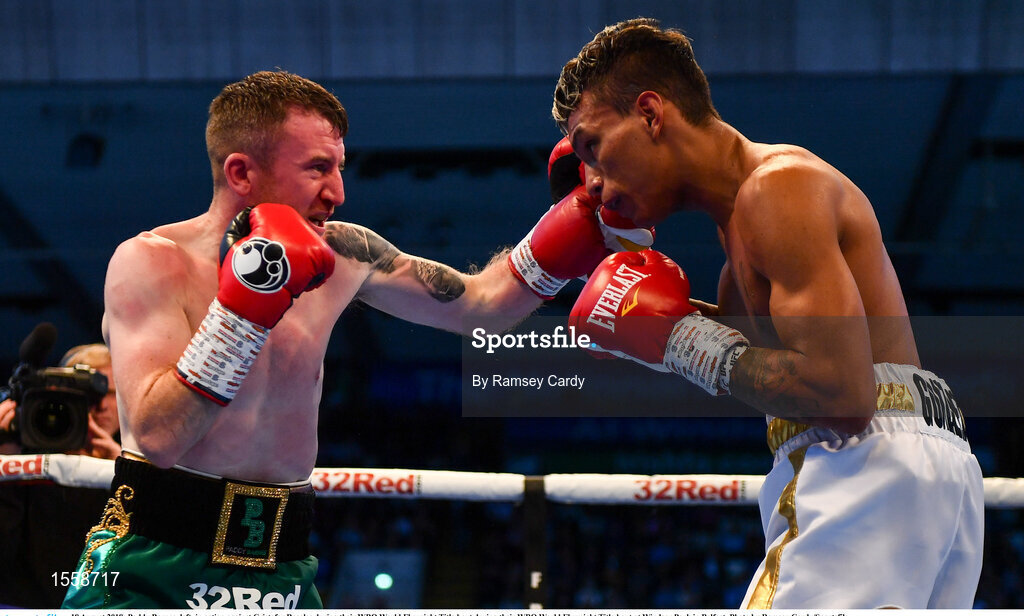 18 August 2018; Paddy Barnes, left, in action against Cristofer Rosales during their WBO World Flyweight Title bout during their WBO World Flyweight Title bout at Windsor Park in Belfast. Photo by Ramsey Cardy/Sportsfile