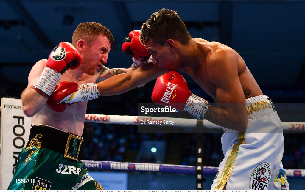 18 August 2018; Paddy Barnes, left, in action against Cristofer Rosales during their WBO World Flyweight Title bout during their WBO World Flyweight Title bout at Windsor Park in Belfast. Photo by Ramsey Cardy/Sportsfile