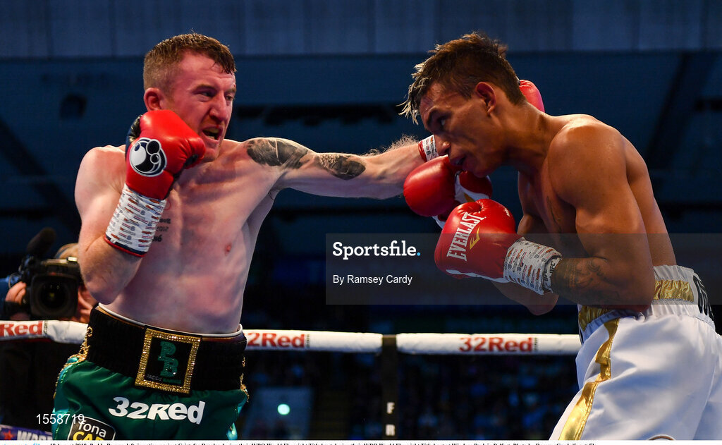 18 August 2018; Paddy Barnes, left, in action against Cristofer Rosales during their WBO World Flyweight Title bout during their WBO World Flyweight Title bout at Windsor Park in Belfast. Photo by Ramsey Cardy/Sportsfile