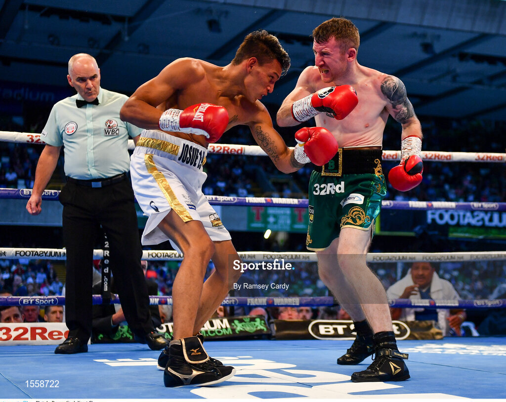 18 August 2018; Paddy Barnes, right, in action against Cristofer Rosales during their WBO World Flyweight Title bout during their WBO World Flyweight Title bout at Windsor Park in Belfast. Photo by Ramsey Cardy/Sportsfile