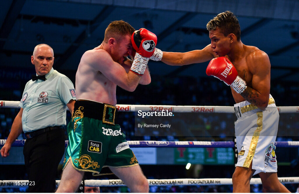 18 August 2018; Paddy Barnes, left, in action against Cristofer Rosales during their WBO World Flyweight Title bout during their WBO World Flyweight Title bout at Windsor Park in Belfast. Photo by Ramsey Cardy/Sportsfile