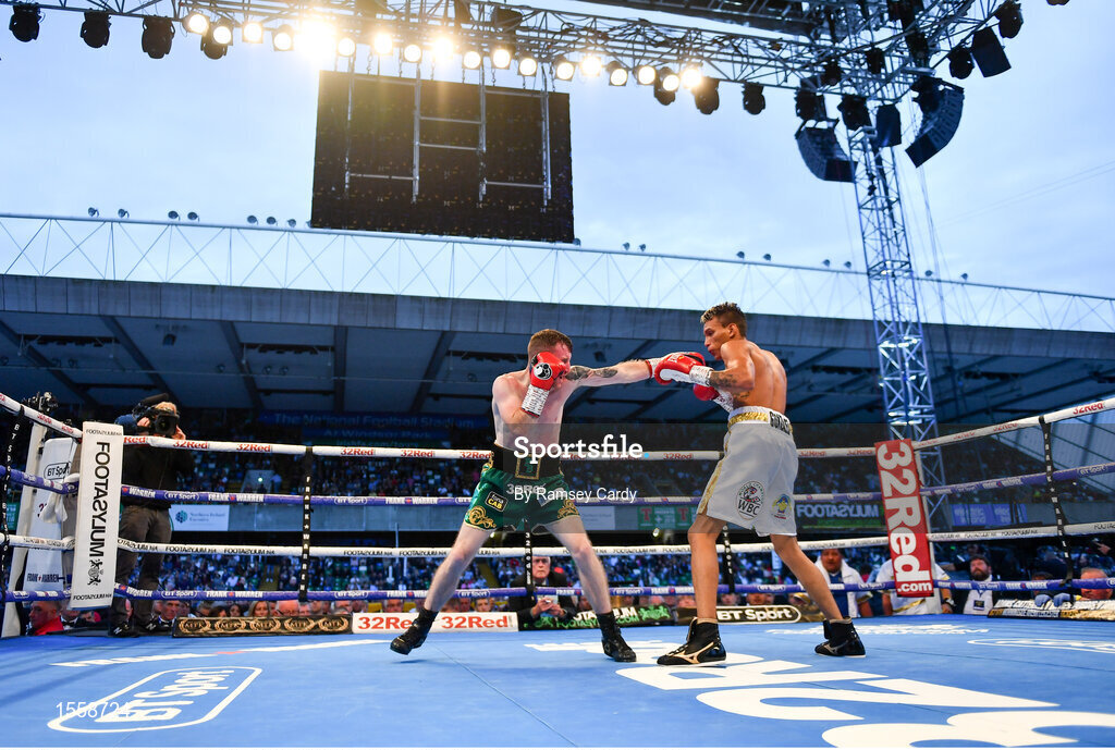 18 August 2018; Paddy Barnes, left, in action against Cristofer Rosales during their WBO World Flyweight Title bout during their WBO World Flyweight Title bout at Windsor Park in Belfast. Photo by Ramsey Cardy/Sportsfile