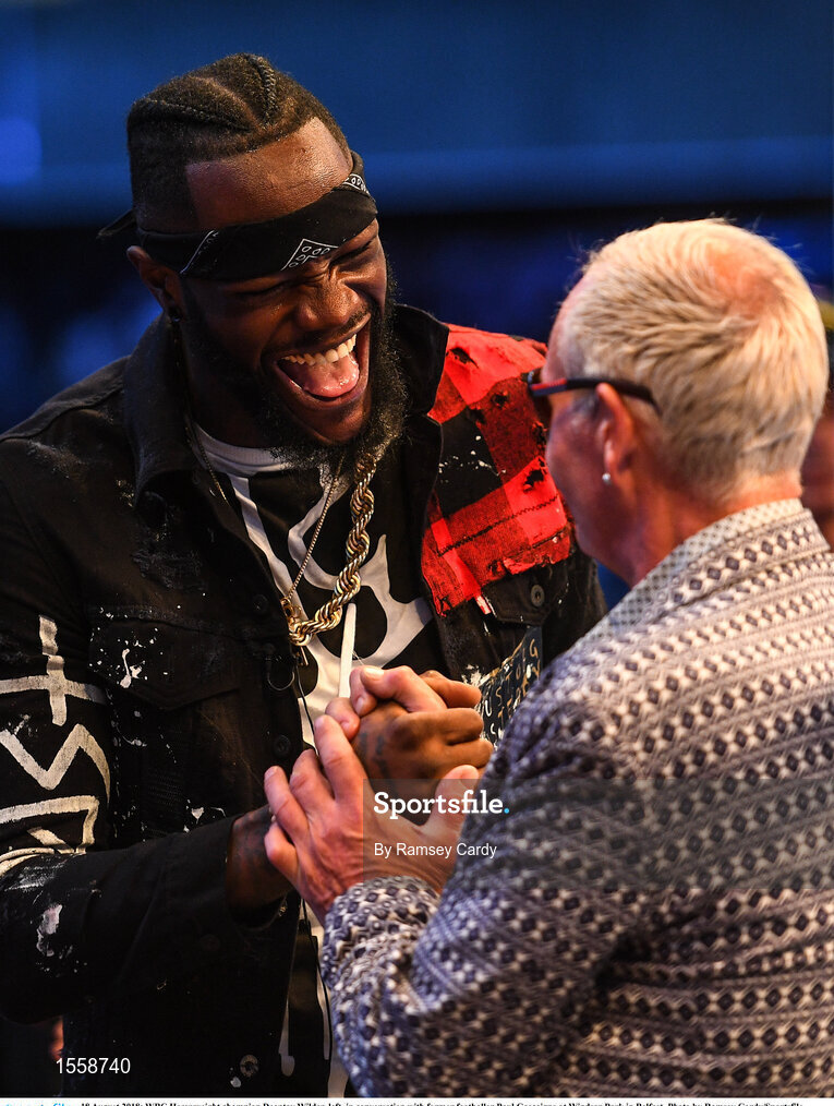 18 August 2018; WBC Heavyweight champion Deontay Wilder, left, in conversation with former footballer Paul Gascoigne at Windsor Park in Belfast. Photo by Ramsey Cardy/Sportsfile