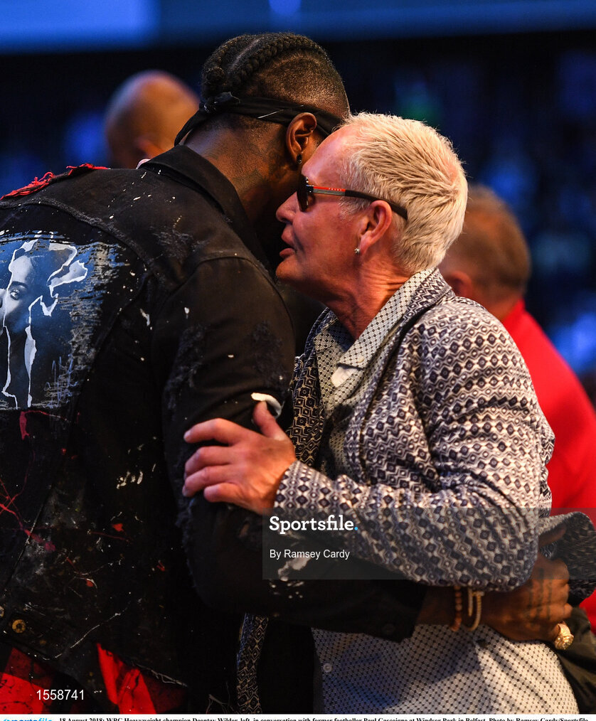 18 August 2018; WBC Heavyweight champion Deontay Wilder, left, in conversation with former footballer Paul Gascoigne at Windsor Park in Belfast. Photo by Ramsey Cardy/Sportsfile