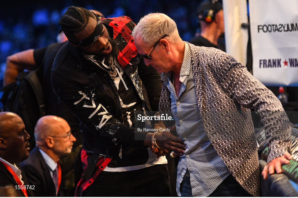 18 August 2018; WBC Heavyweight champion Deontay Wilder, left, in conversation with former footballer Paul Gascoigne at Windsor Park in Belfast. Photo by Ramsey Cardy/Sportsfile