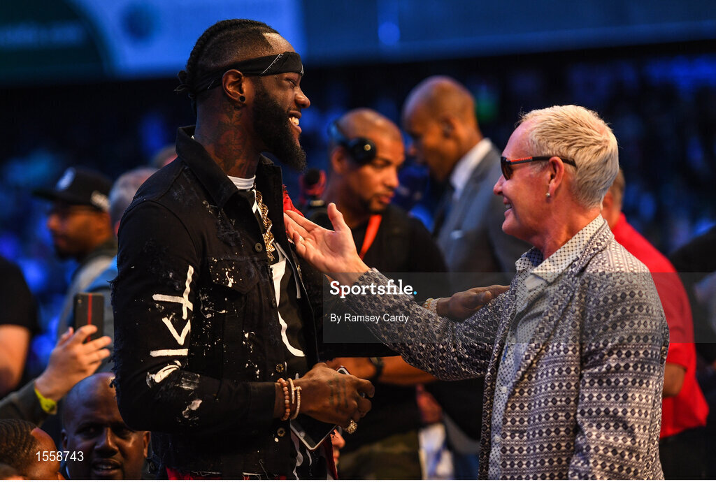 18 August 2018; WBC Heavyweight champion Deontay Wilder, left, in conversation with former footballer Paul Gascoigne at Windsor Park in Belfast. Photo by Ramsey Cardy/Sportsfile