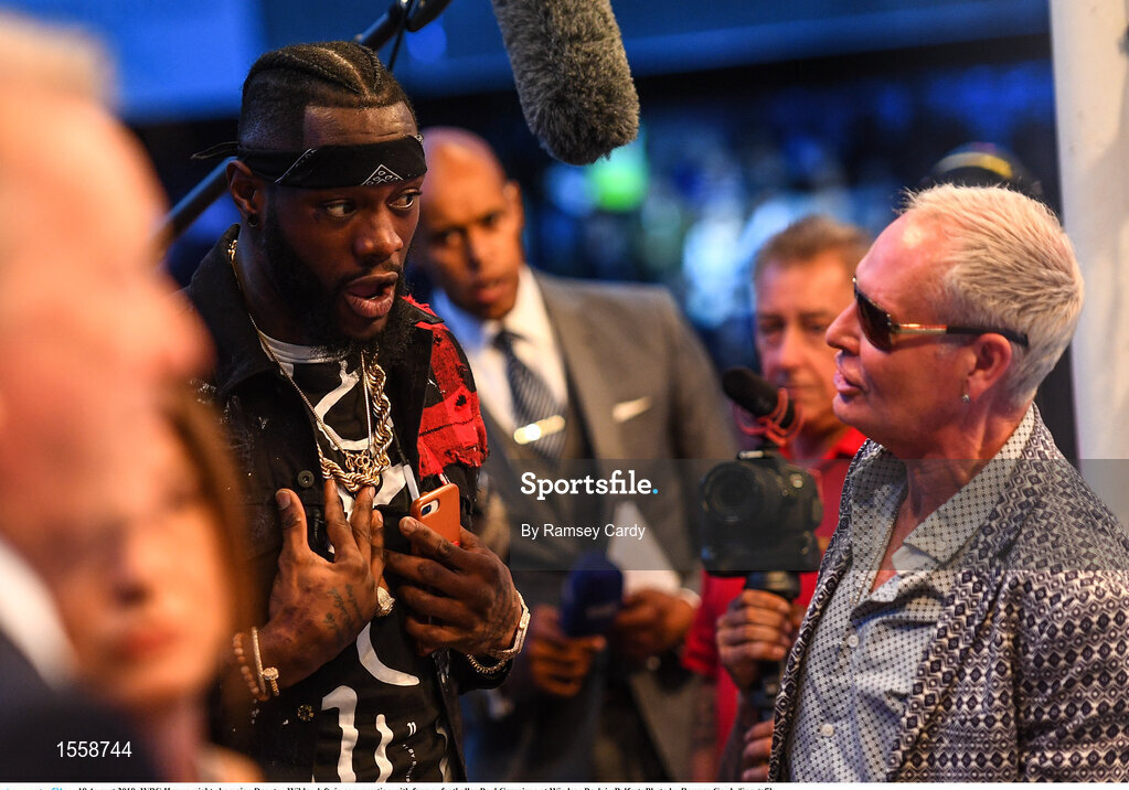 18 August 2018; WBC Heavyweight champion Deontay Wilder, left, in conversation with former footballer Paul Gascoigne at Windsor Park in Belfast. Photo by Ramsey Cardy/Sportsfile