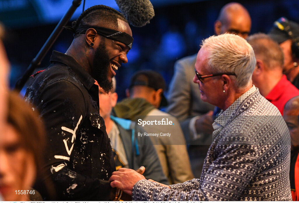 18 August 2018; WBC Heavyweight champion Deontay Wilder, left, in conversation with former footballer Paul Gascoigne at Windsor Park in Belfast. Photo by Ramsey Cardy/Sportsfile
