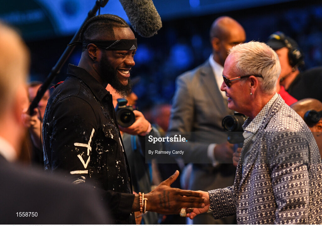 18 August 2018; WBC Heavyweight champion Deontay Wilder, left, in conversation with former footballer Paul Gascoigne at Windsor Park in Belfast. Photo by Ramsey Cardy/Sportsfile