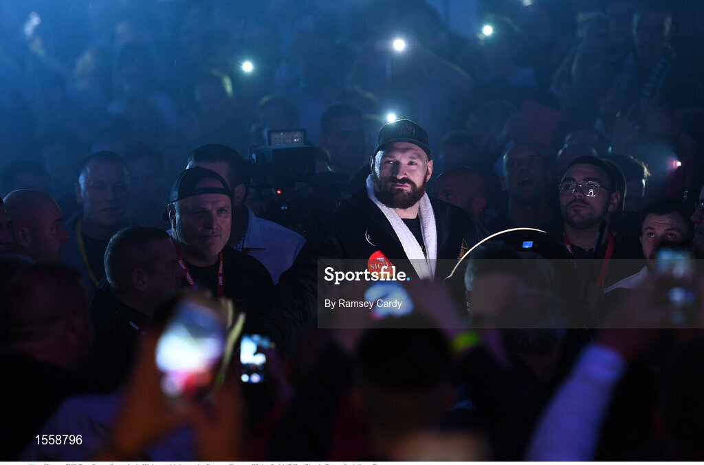 18 August 2018; Tyson Fury walks out ahead of his heavyweight bout against Francesco Pianeta at Windsor Park in Belfast. Photo by Ramsey Cardy/Sportsfile