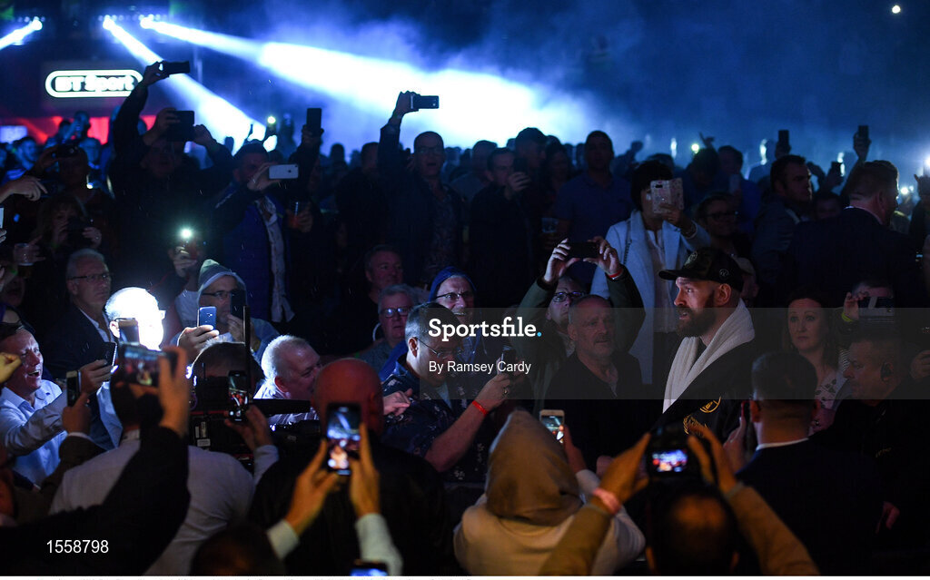 18 August 2018; Tyson Fury walks out ahead of his heavyweight bout against Francesco Pianeta at Windsor Park in Belfast. Photo by Ramsey Cardy/Sportsfile