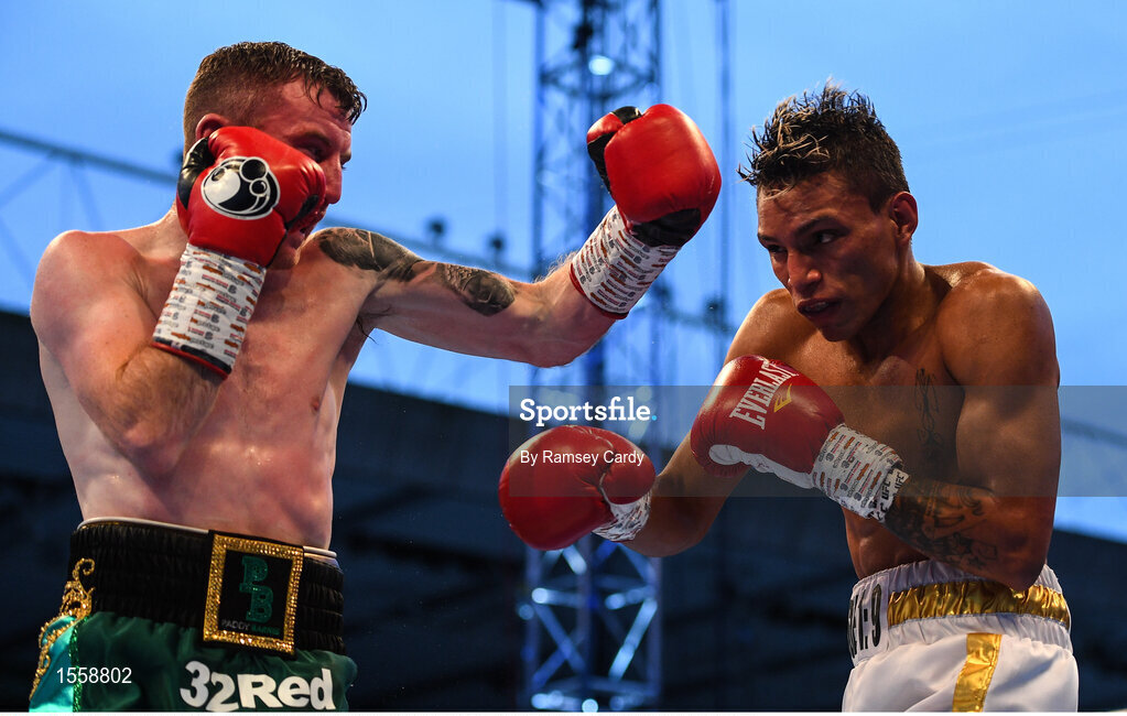 18 August 2018; Paddy Barnes, left, in action against Cristofer Rosales during their WBO World Flyweight Title bout during their WBO World Flyweight Title bout at Windsor Park in Belfast. Photo by Ramsey Cardy/Sportsfile