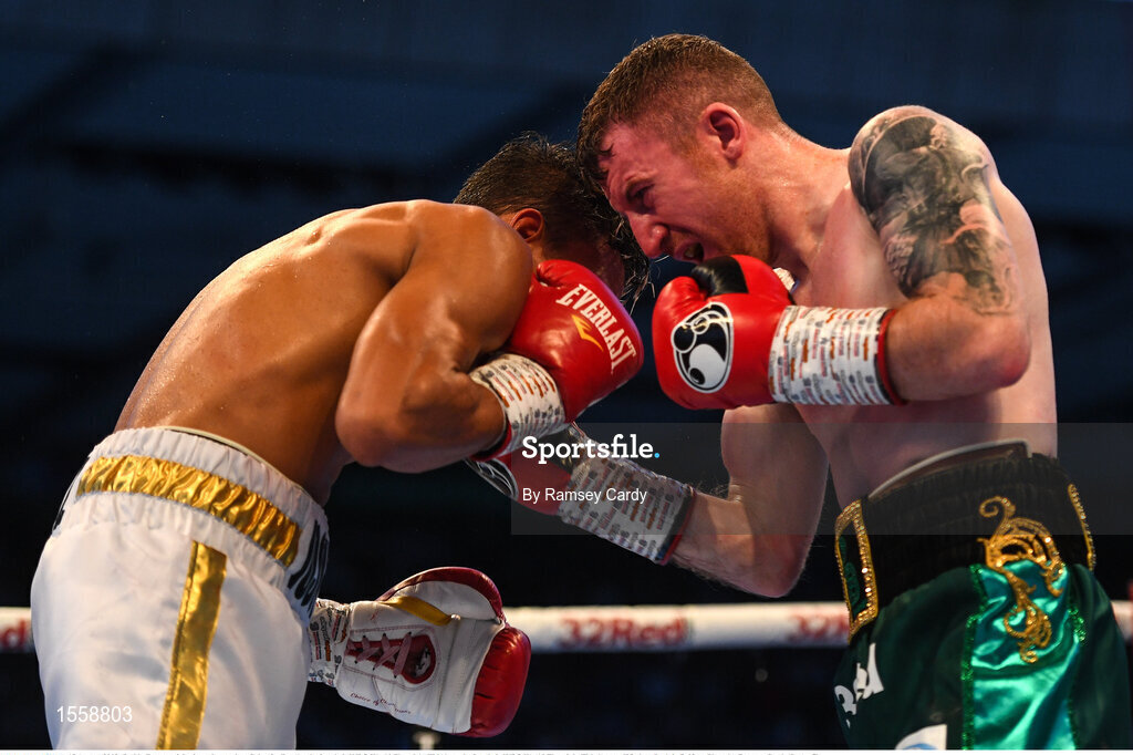 18 August 2018; Paddy Barnes, right, in action against Cristofer Rosales during their WBO World Flyweight Title bout during their WBO World Flyweight Title bout at Windsor Park in Belfast. Photo by Ramsey Cardy/Sportsfile