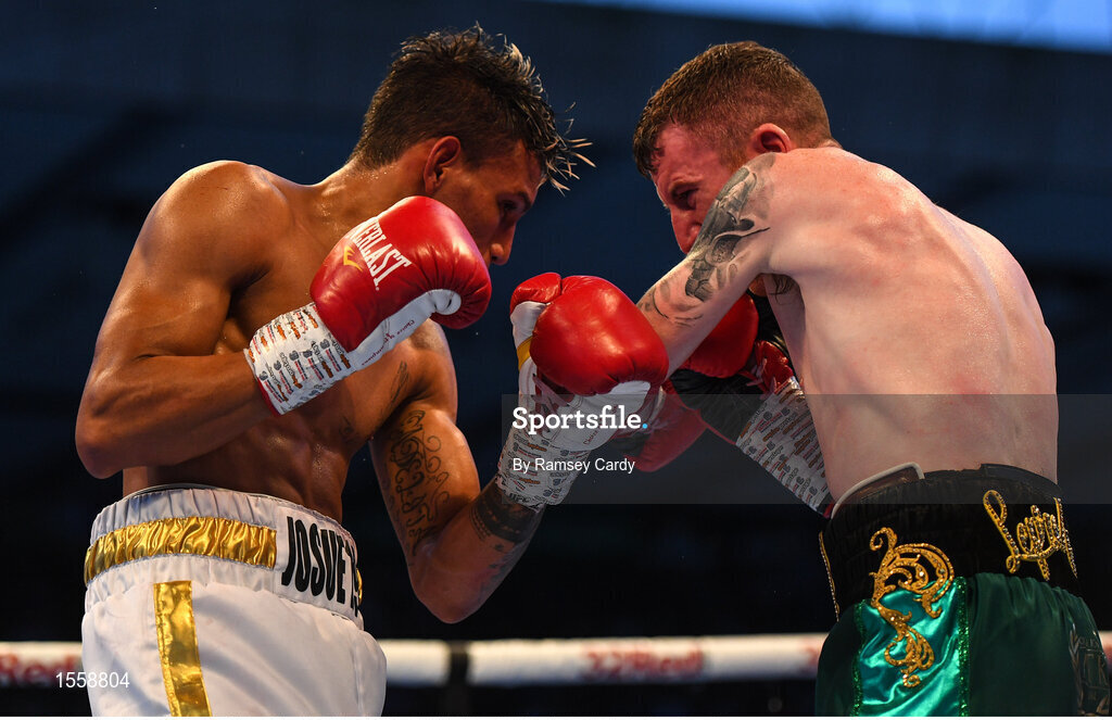 18 August 2018; Paddy Barnes, right, in action against Cristofer Rosales during their WBO World Flyweight Title bout during their WBO World Flyweight Title bout at Windsor Park in Belfast. Photo by Ramsey Cardy/Sportsfile