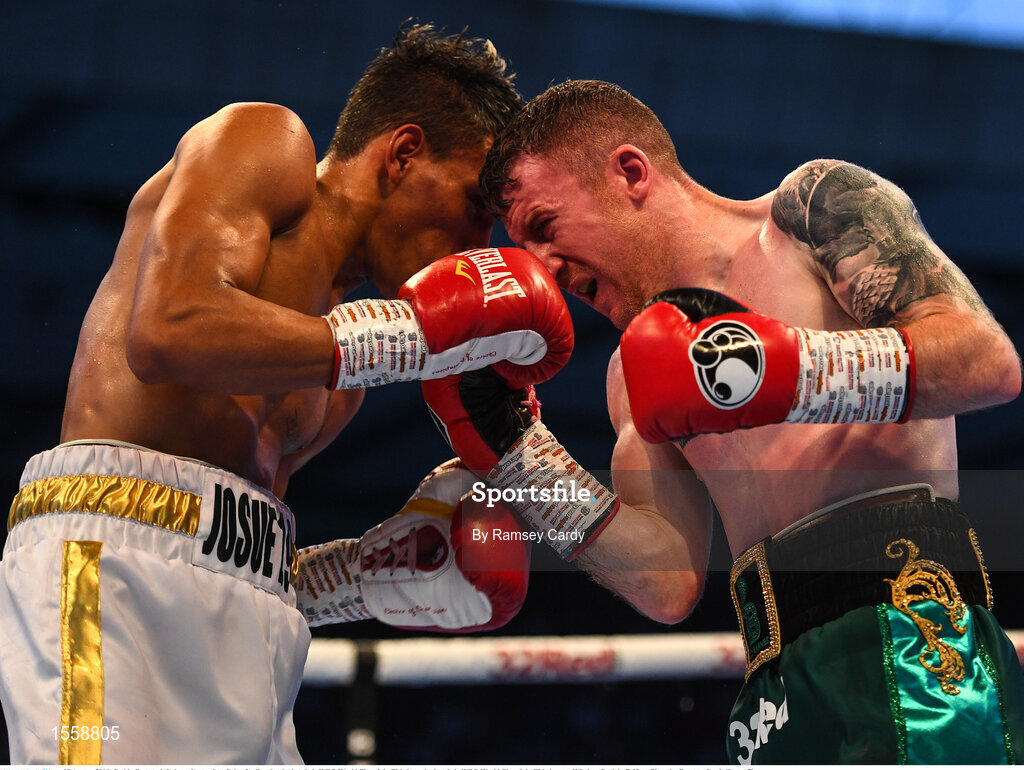 18 August 2018; Paddy Barnes, left, in action against Cristofer Rosales during their WBO World Flyweight Title bout during their WBO World Flyweight Title bout at Windsor Park in Belfast. Photo by Ramsey Cardy/Sportsfile