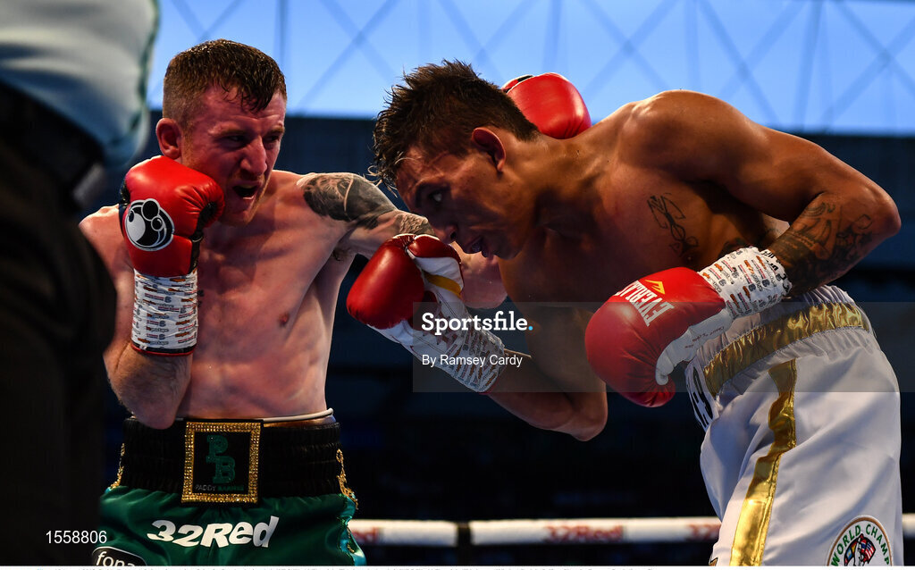 18 August 2018; Paddy Barnes, left, in action against Cristofer Rosales during their WBO World Flyweight Title bout during their WBO World Flyweight Title bout at Windsor Park in Belfast. Photo by Ramsey Cardy/Sportsfile