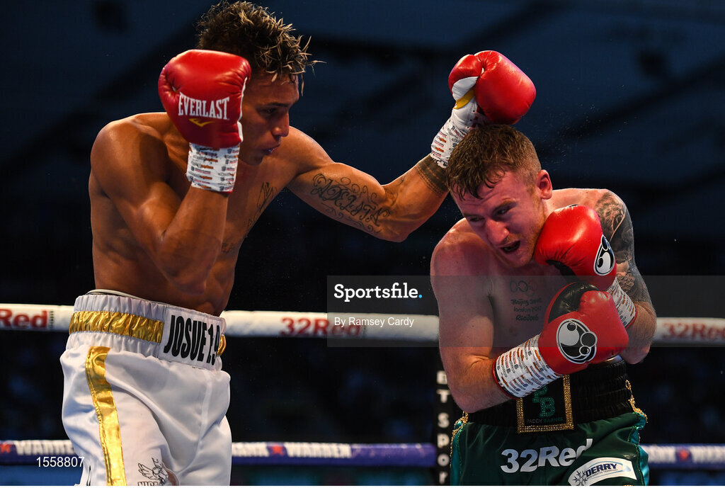 18 August 2018; Paddy Barnes, right, in action against Cristofer Rosales during their WBO World Flyweight Title bout during their WBO World Flyweight Title bout at Windsor Park in Belfast. Photo by Ramsey Cardy/Sportsfile
