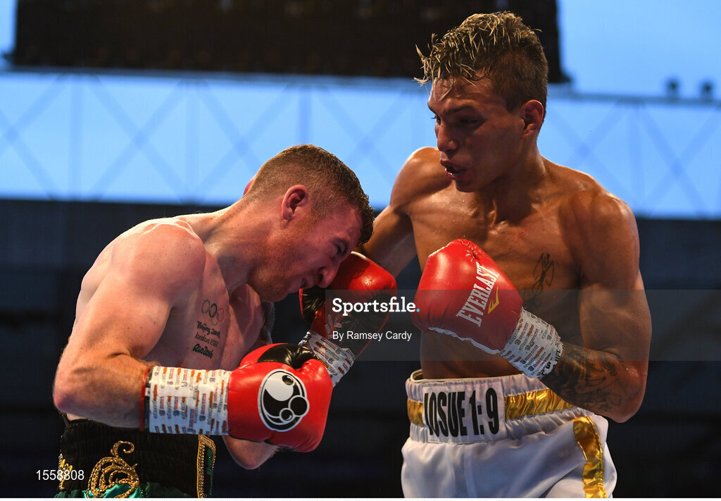 18 August 2018; Paddy Barnes, left, in action against Cristofer Rosales during their WBO World Flyweight Title bout during their WBO World Flyweight Title bout at Windsor Park in Belfast. Photo by Ramsey Cardy/Sportsfile