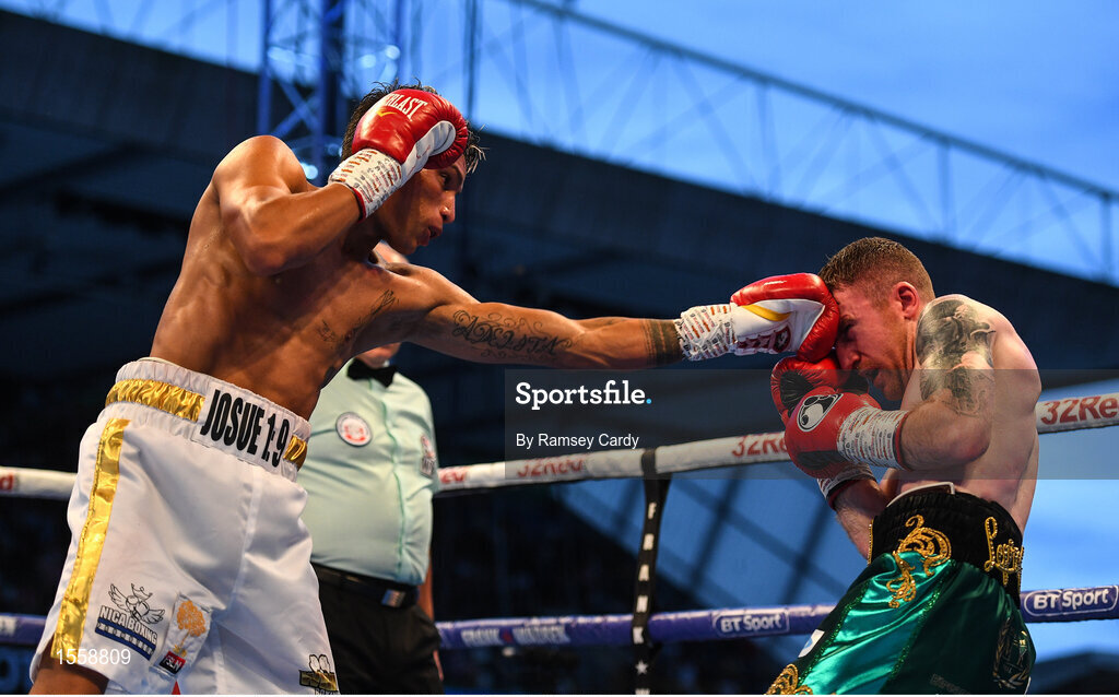 18 August 2018; Paddy Barnes, right, in action against Cristofer Rosales during their WBO World Flyweight Title bout during their WBO World Flyweight Title bout at Windsor Park in Belfast. Photo by Ramsey Cardy/Sportsfile