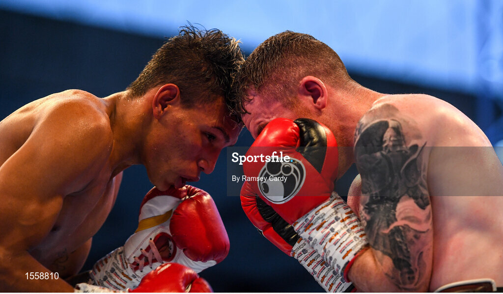 18 August 2018; Paddy Barnes, right, in action against Cristofer Rosales during their WBO World Flyweight Title bout during their WBO World Flyweight Title bout at Windsor Park in Belfast. Photo by Ramsey Cardy/Sportsfile