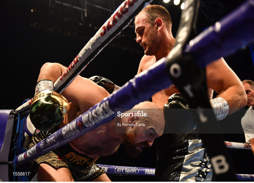 18 August 2018; Tyson Fury, left, in action against Francesco Pianeta during their heavyweight bout at Windsor Park in Belfast. Photo by Ramsey Cardy/Sportsfile