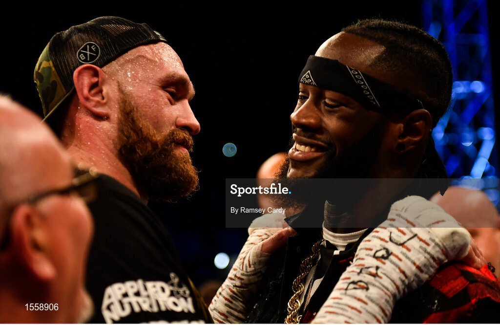 18 August 2018; Tyson Fury, left, and WBC Heavyweight champion Deontay Wilder after Tyson Fury defeated Francesco Pianeta at Windsor Park in Belfast. Photo by Ramsey Cardy/Sportsfile