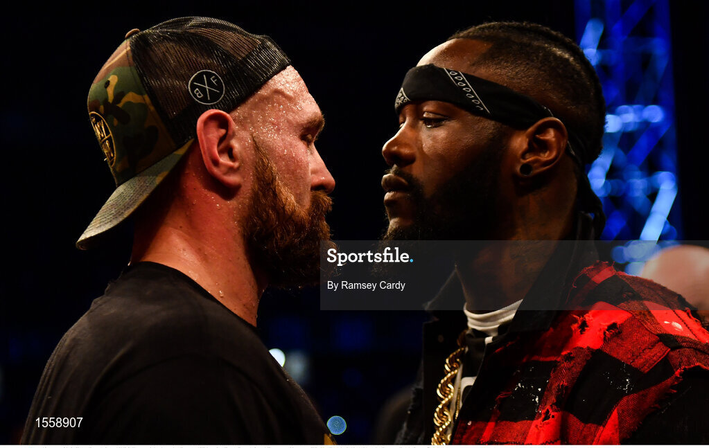 18 August 2018; Tyson Fury, left, and WBC Heavyweight champion Deontay Wilder after Tyson Fury defeated Francesco Pianeta at Windsor Park in Belfast. Photo by Ramsey Cardy/Sportsfile