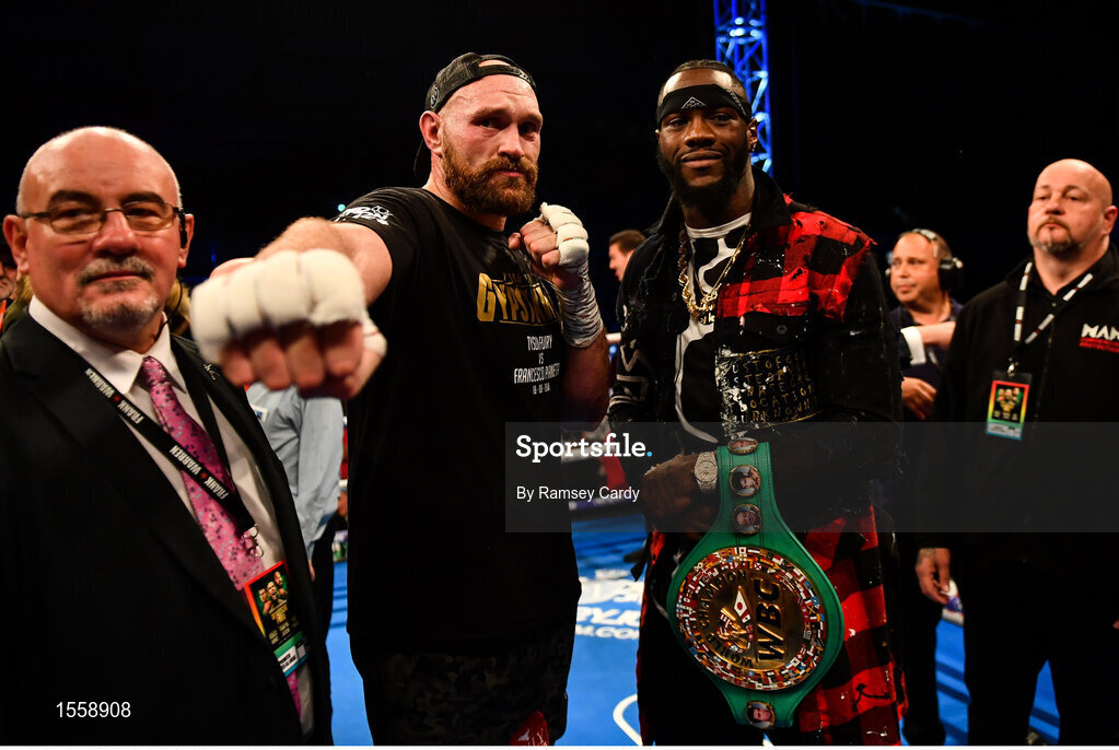 18 August 2018; Tyson Fury, left, and WBC Heavyweight champion Deontay Wilder after Tyson Fury defeated Francesco Pianeta at Windsor Park in Belfast. Photo by Ramsey Cardy/Sportsfile
