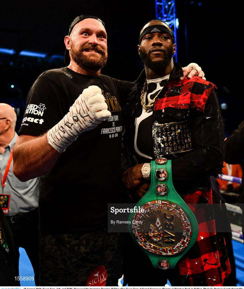 18 August 2018; Tyson Fury, left, and WBC Heavyweight champion Deontay Wilder after Tyson Fury defeated Francesco Pianeta at Windsor Park in Belfast. Photo by Ramsey Cardy/Sportsfile