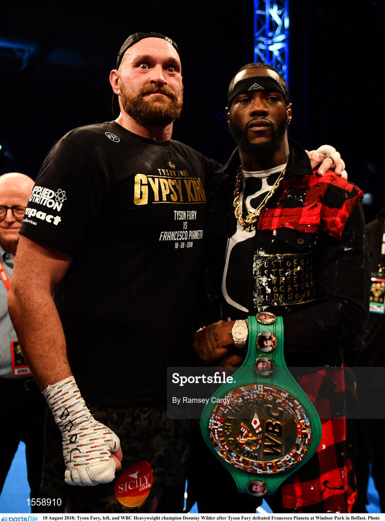 18 August 2018; Tyson Fury, left, and WBC Heavyweight champion Deontay Wilder after Tyson Fury defeated Francesco Pianeta at Windsor Park in Belfast. Photo by Ramsey Cardy/Sportsfile